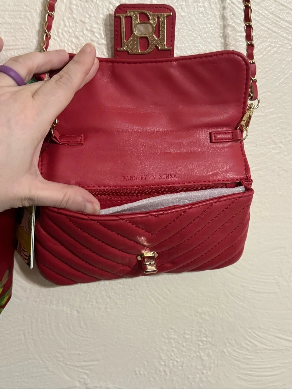 Badgley Mischka Scarlet Quilted Crossbody with Floral Scarf Accent